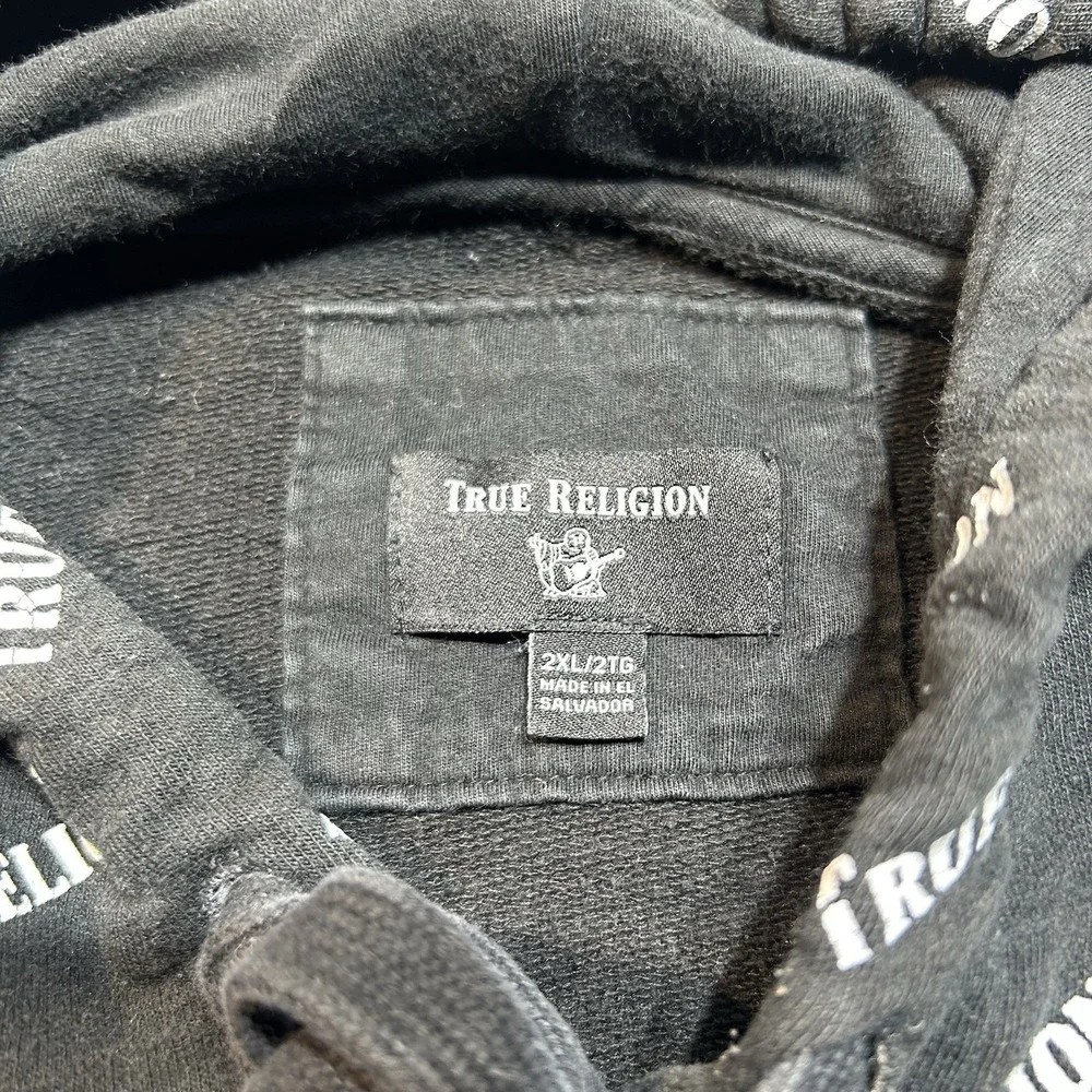 True Religion Mens 2XL Hoodie Black White All Over Logo Pullover